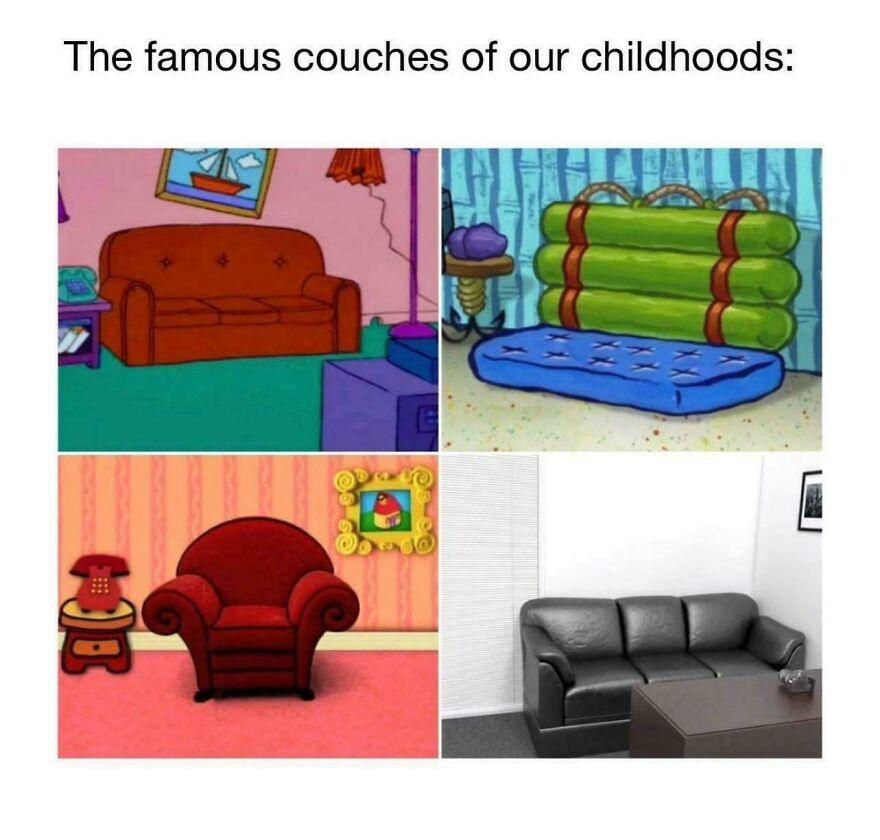 Four panels of famous couches from cartoons and media during the early 2000s.