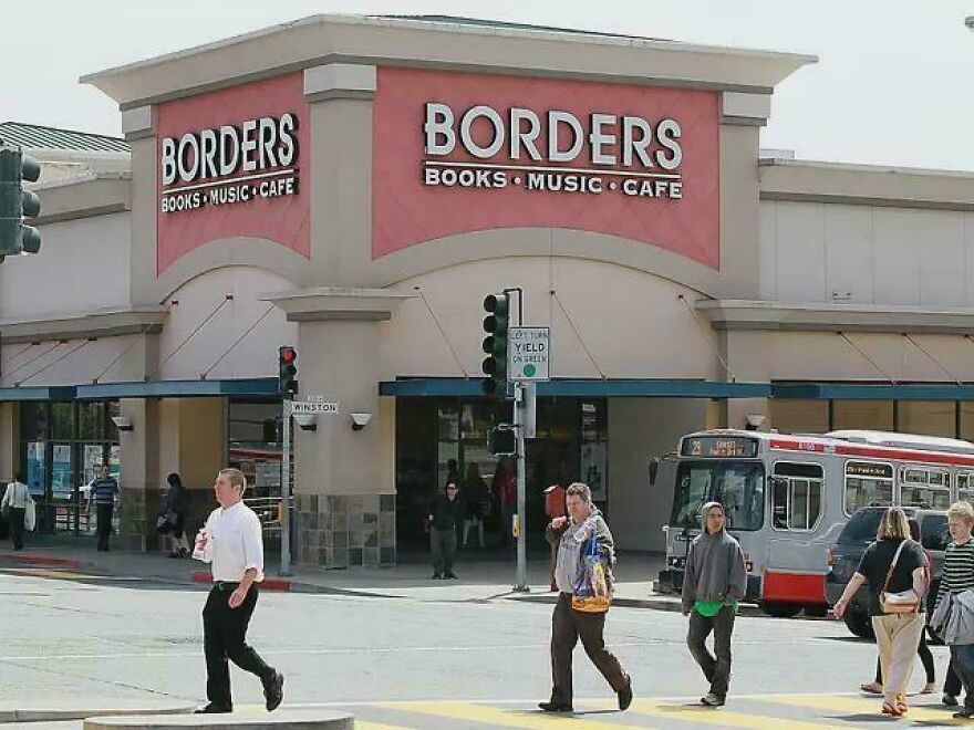 The storefront of a Borders books and music store in the early 2000s.