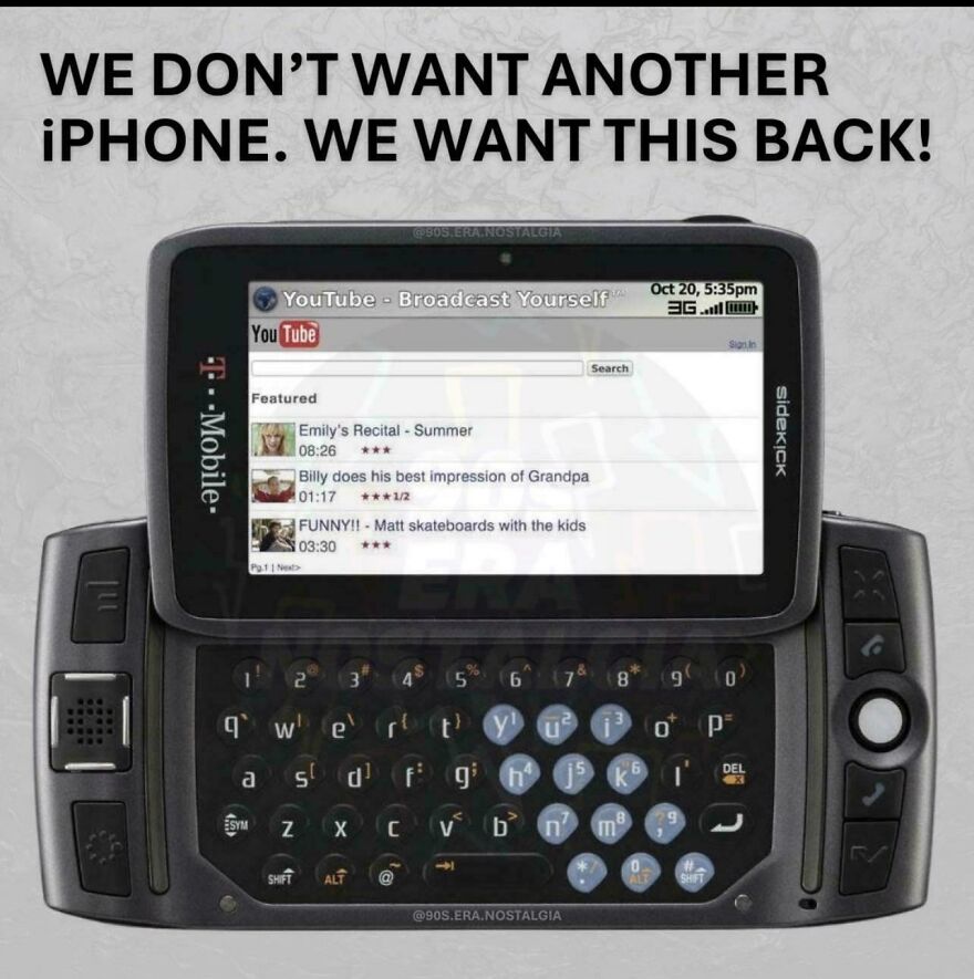 A T-Mobile Sidekick phone with a slide-out screen displaying the classic YouTube website interface from the early 2000s
