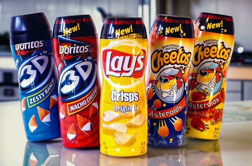 A lineup of nostalgic snacks including Doritos 3D, Lay's Crisps, and Cheetos Asteroids from the early 2000s
