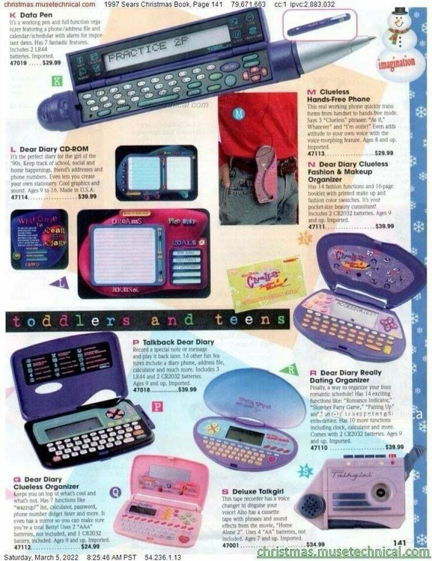 A nostalgic page from a 1997 toy catalog featuring colorful electronic pocket organizers for teens.