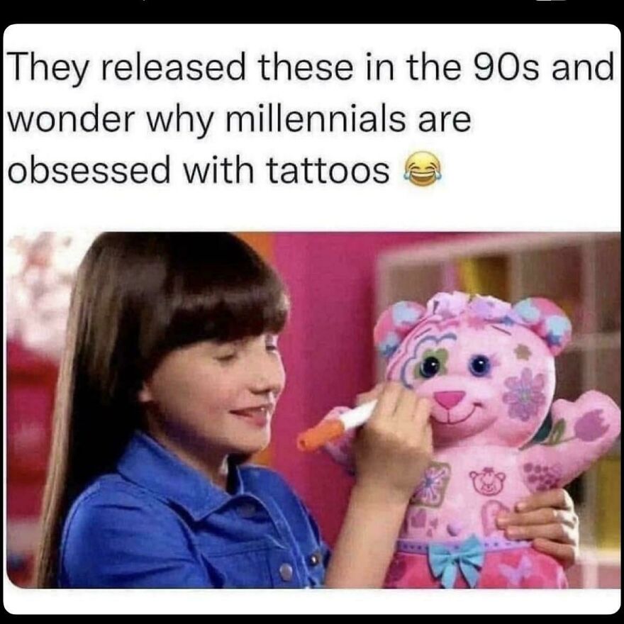 A nostalgic meme showing a 90s Doodle Bear toy being drawn on, popular in the early 2000s.
