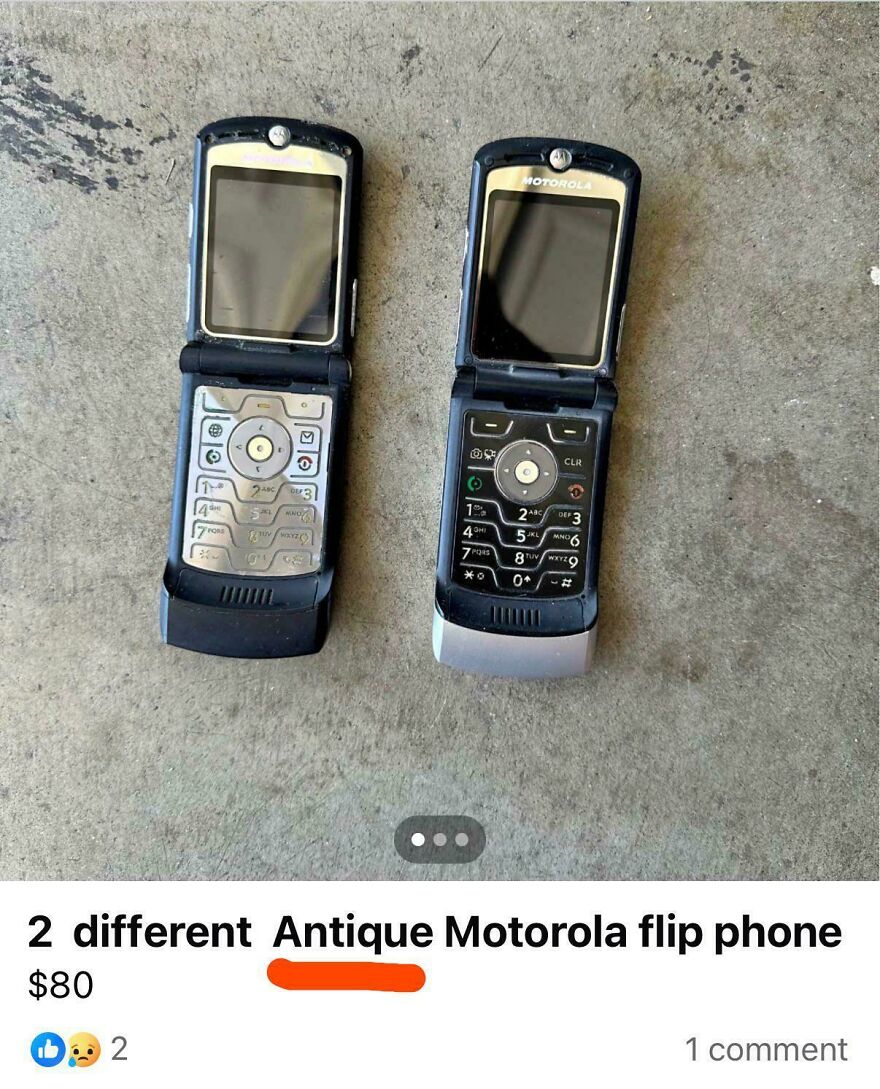 Two vintage Motorola Razr flip phones displayed on concrete, capturing early 2000s nostalgia