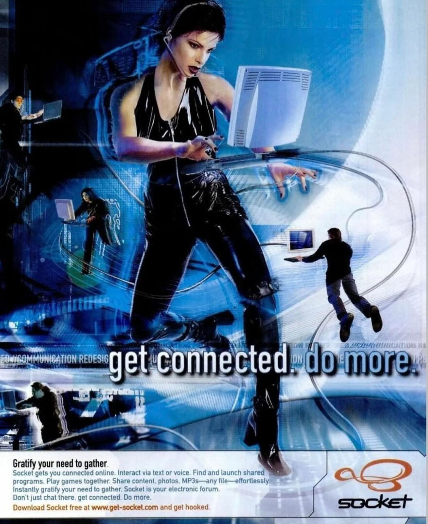 A futuristic early 2000s tech advertisement with people in leather outfits using portable screens