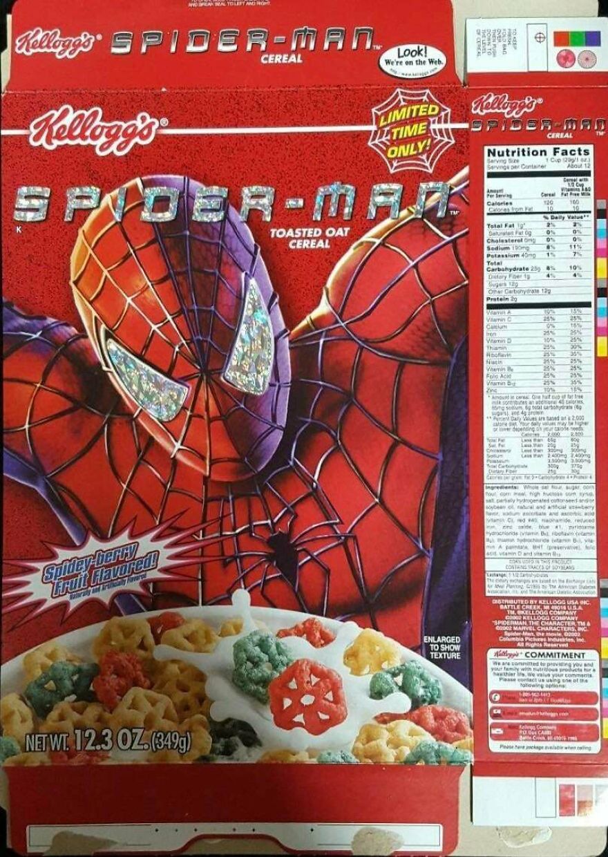 An old cereal box of Spider-Man Spidey-berry fruit flavored cereal from the early 2000s.