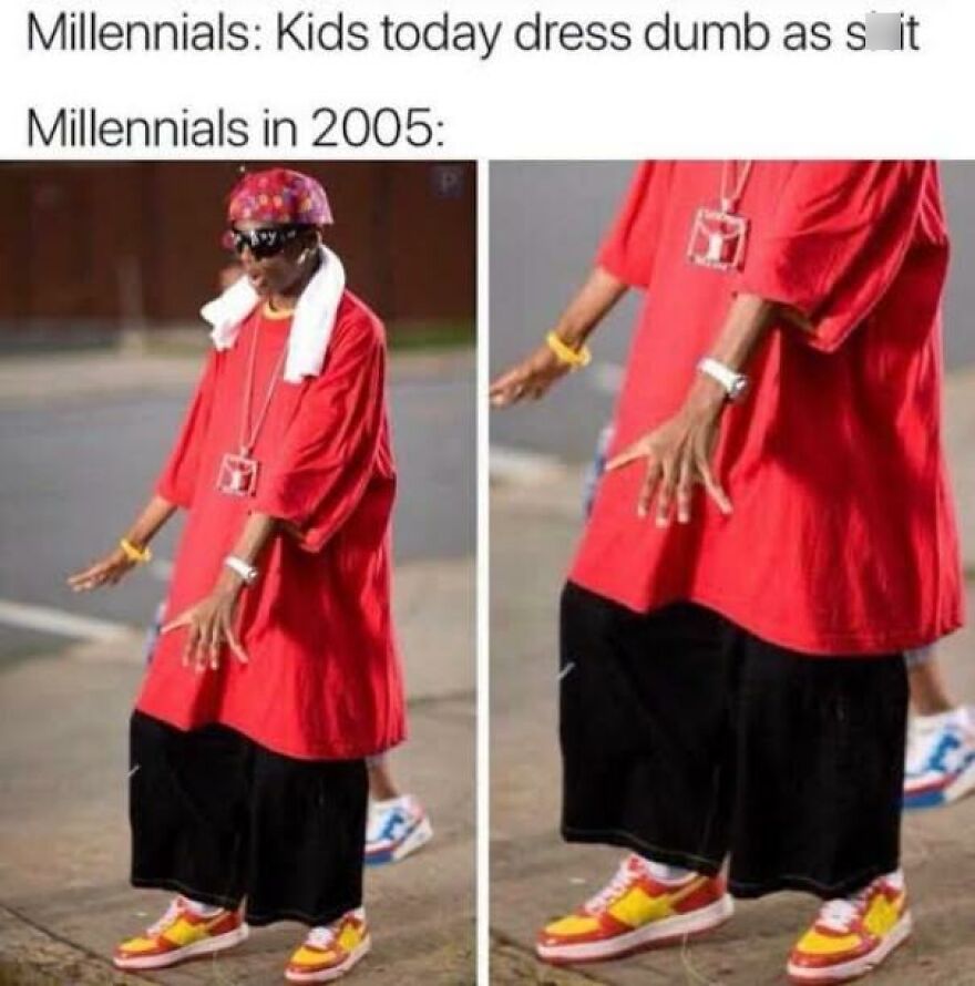 A side-by-side meme comparison of oversized early 2000s baggy clothes fashion.