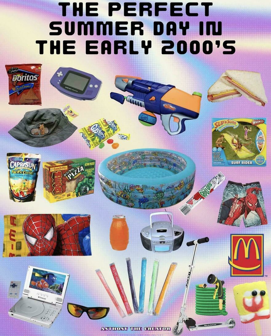 A collage of early 2000s nostalgic summer items including a Game Boy, Super Soaker, and snacks