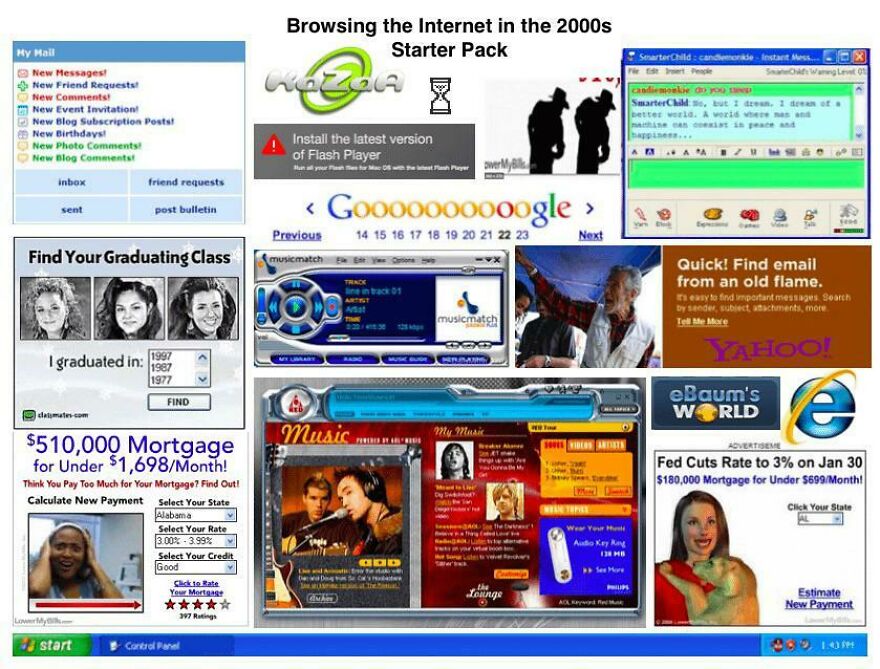 A starter pack collage of nostalgic pics representing browsing the internet in the early 2000s