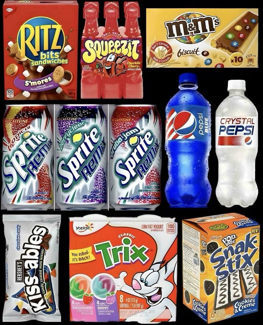 Grid of snack and drink packaging from the early 2000s including Sprite Remix and Trix yogurt