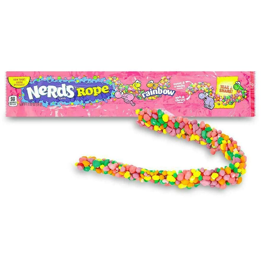 A Nerds Rope candy with its colorful rainbow packaging from the early 2000s