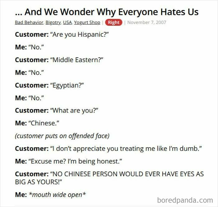 Customer questions ethnicity in yogurt shop leading to offensive remarks