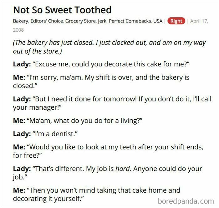 Bakery closing time cake decoration dispute with a dentist customer