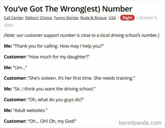 Customer mistakenly calls adult site instead of driving school call center