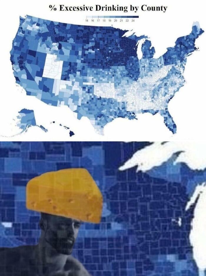 U.S. map showing percentage of excessive drinking by county in varying shades of blue