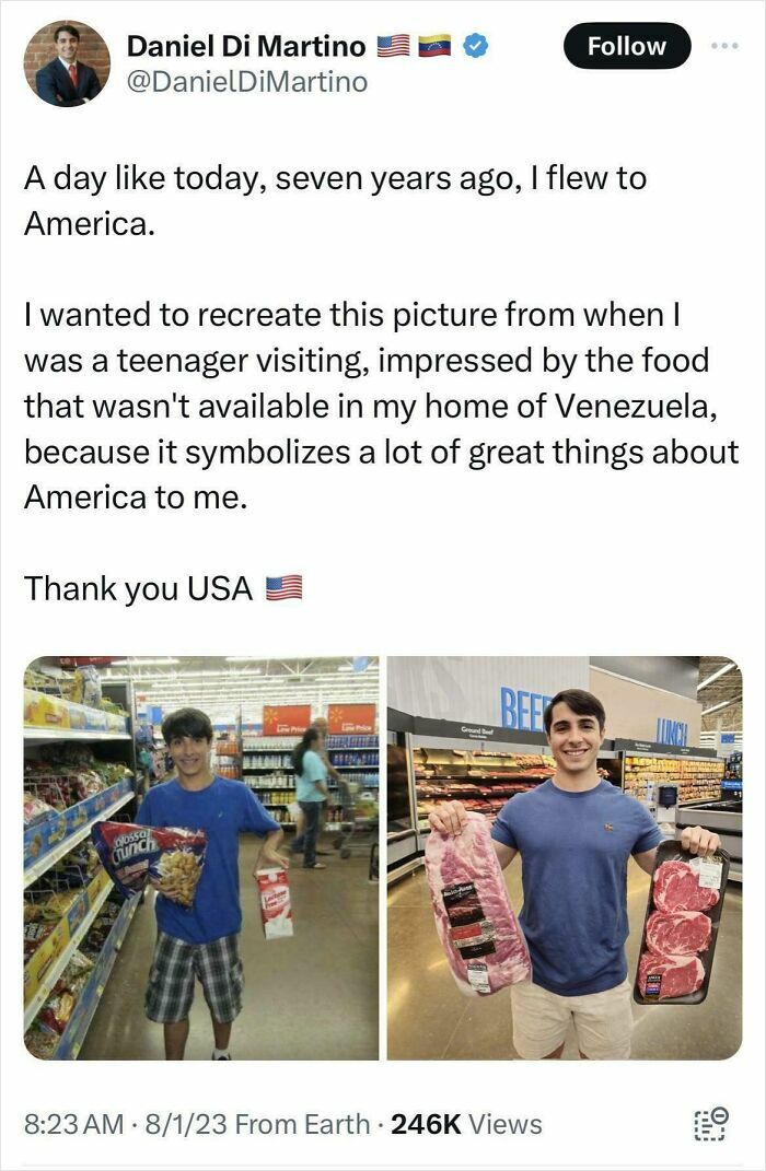 Man recreates childhood shopping photo symbolizing great American food culture.