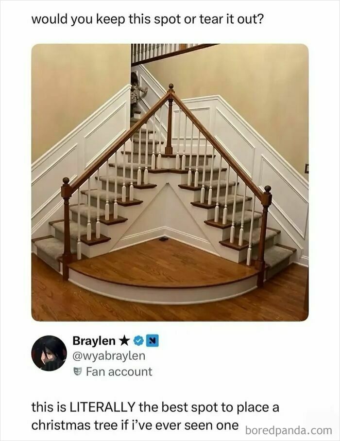 Staircase with a triangle spot at the bottom perfect for placing a Christmas tree