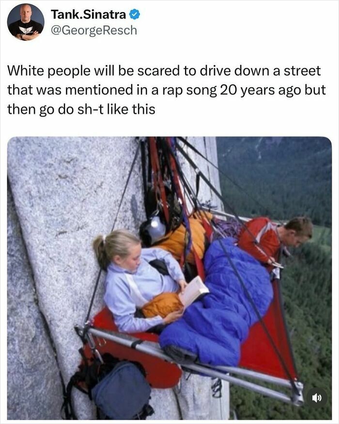 Relatable meme showing people doing extreme climbing while commenting on fear from rap songs