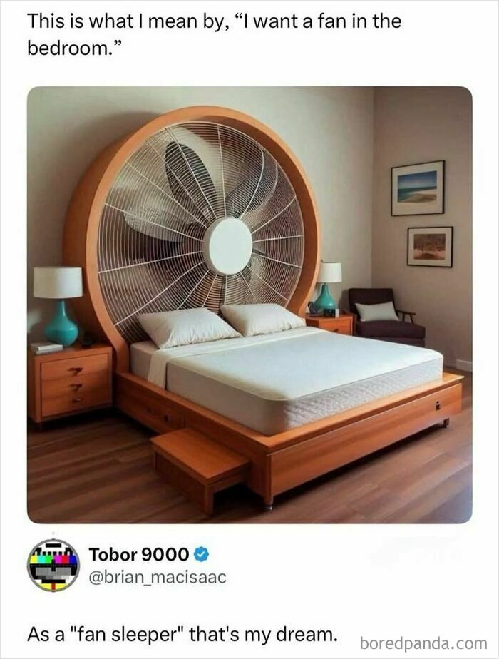 Bedroom with fan-shaped headboard bed illustrating fan in the bedroom meme