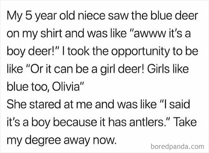 Funny meme about a 5 year old niece explaining deer gender by antlers