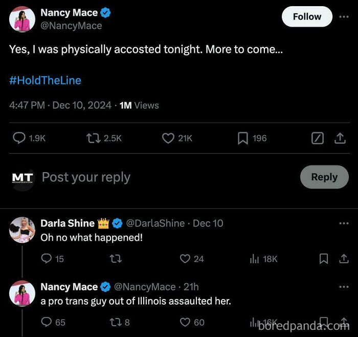 A Twitter post by Nancy Mace where she accidentally refers to herself in third person.