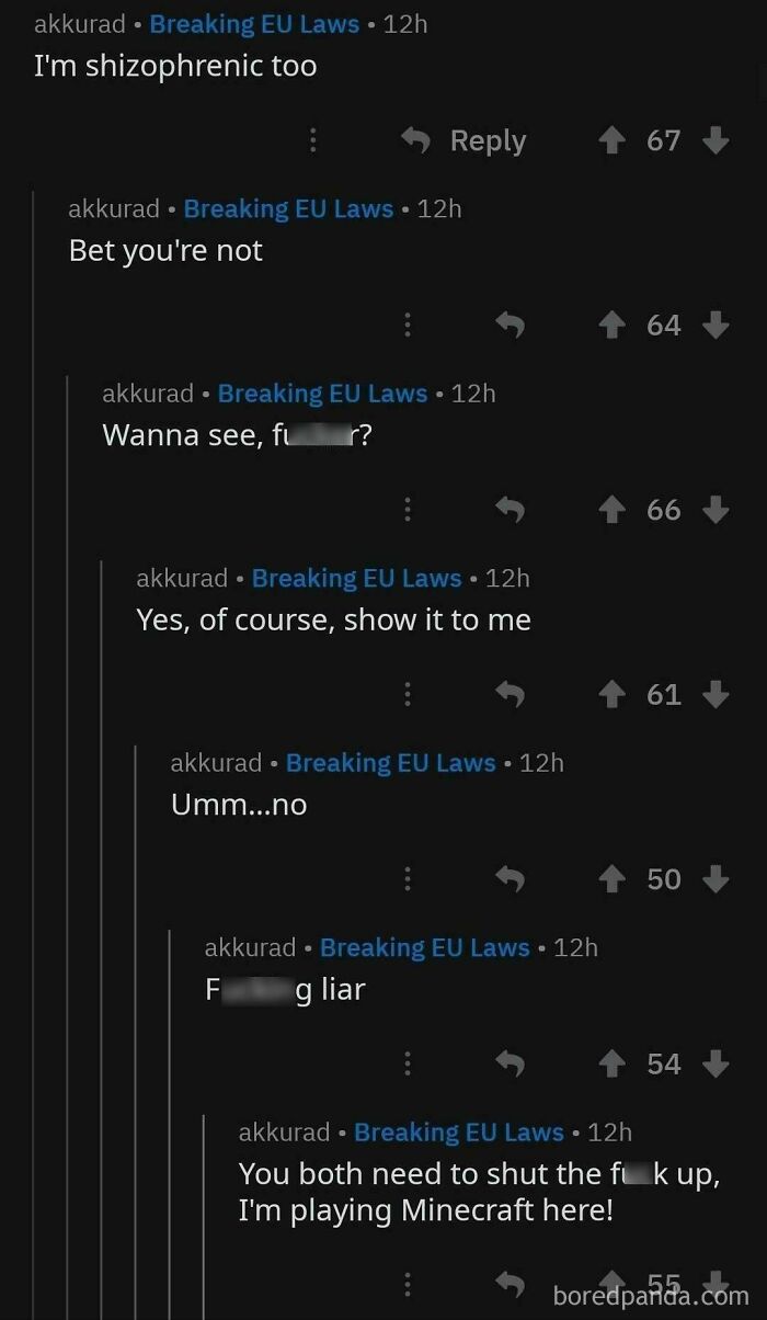 A long Reddit thread showing a user pretending to be someone else while arguing with themselves