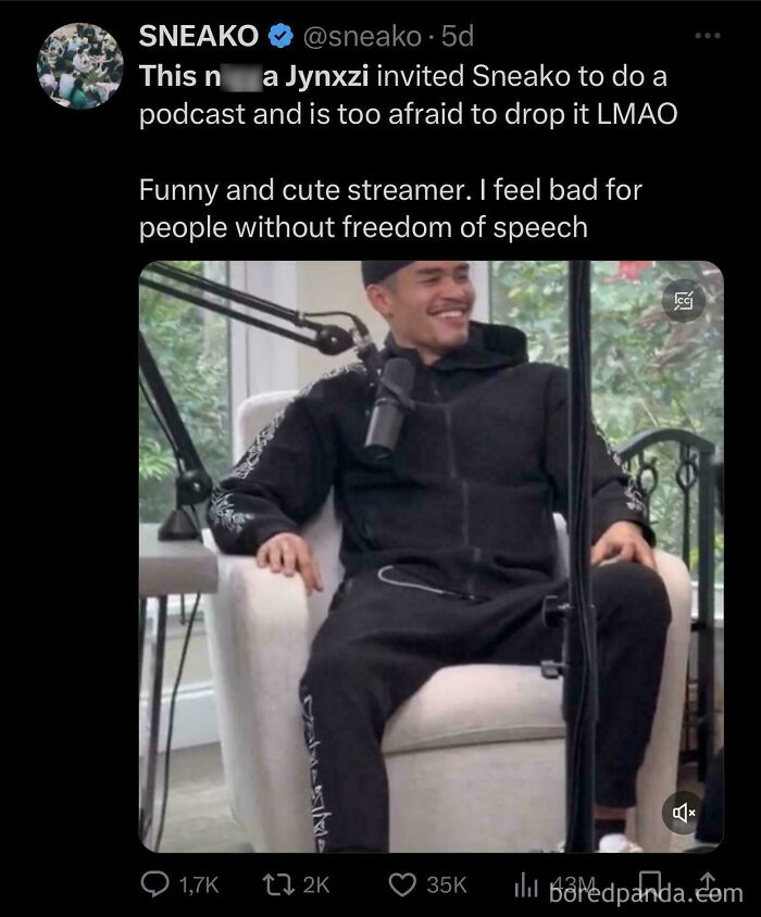 Twitter post by Sneako showcasing a streamer sitting in a chair during a podcast