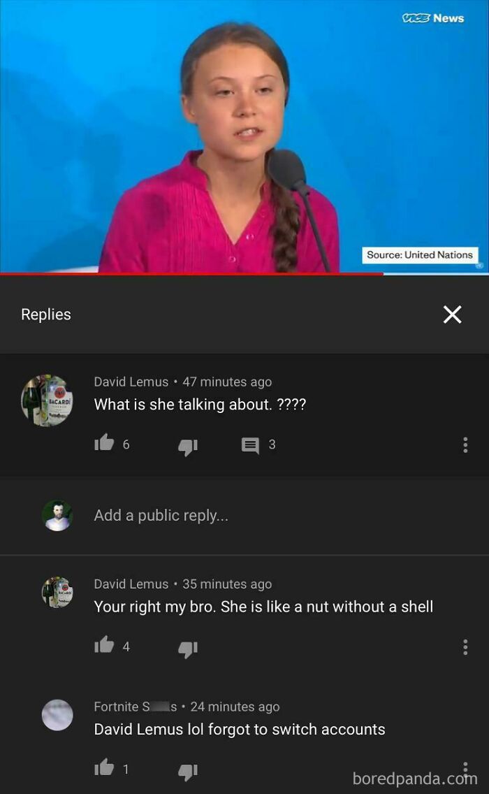 A YouTube comment thread showing where a user forgot to switch accounts when replying to himself