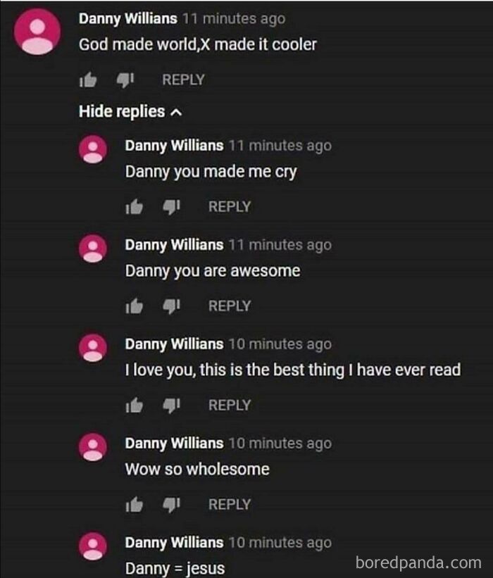 A YouTube comment section showing a user who pretended to be someone else to praise himself under his own post