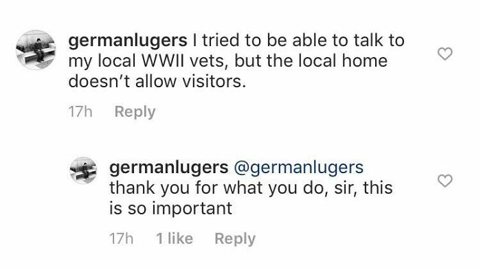 Social media screenshot of a user who pretended to be someone else by thanking themselves for trying to visit WWII vets.