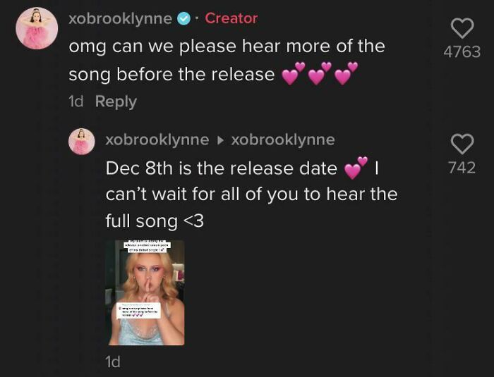 TikTok screenshot of a creator who pretended to be someone else, replying to her own comment asking for a song release.