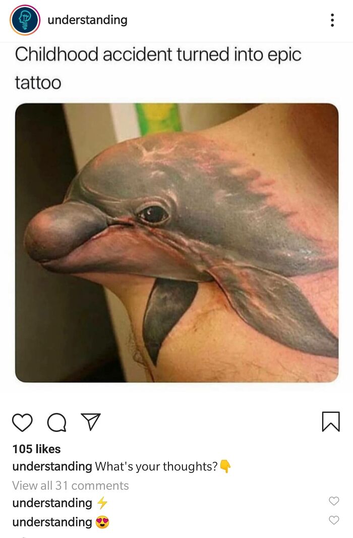 Instagram post showing a dolphin tattoo over a shoulder scar representing how some people pretended to be someone else.