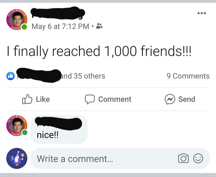 A Facebook post showing a user who pretended to be someone else to congratulate themselves on reaching 1000 friends