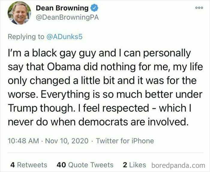 Dean Browning claiming to be a black gay guy on Twitter as he pretended to be someone else.