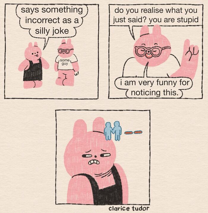 Snarky pink rabbits debating a silly joke and calling each other stupid with humor
