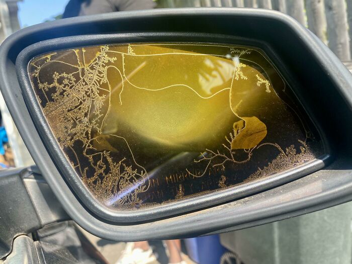 Interesting photo of a car side mirror showing crystallization in the glass