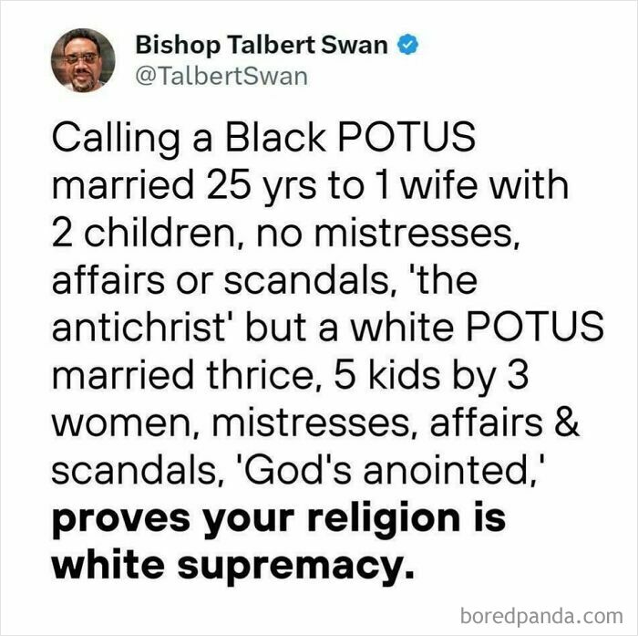 Tweet discussing white supremacy and religion by Bishop Talbert Swan