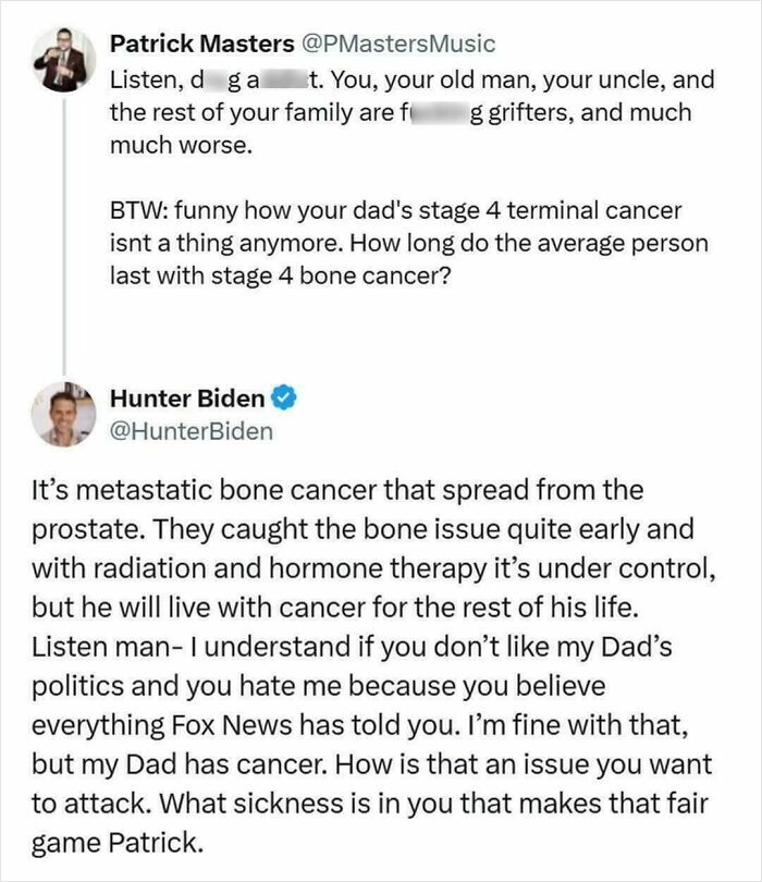 Hunter Biden responds to attack over father's metastatic bone cancer and critic's false claims