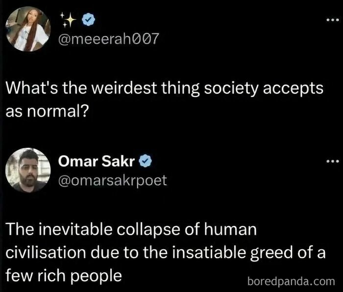 Tweet discussing dystopian collapse of civilization from rich people's greed