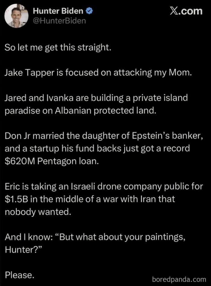 Tweet listing political family issues amid dystopian societal themes