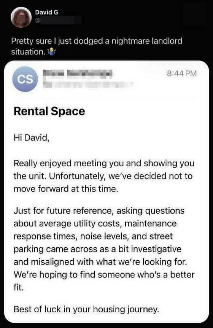 An email from a landlord rejecting a tenant for asking basic questions