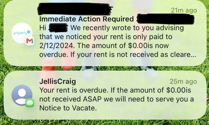 Automated message about overdue rent of zero dollars showing a confusing renting and booking experience