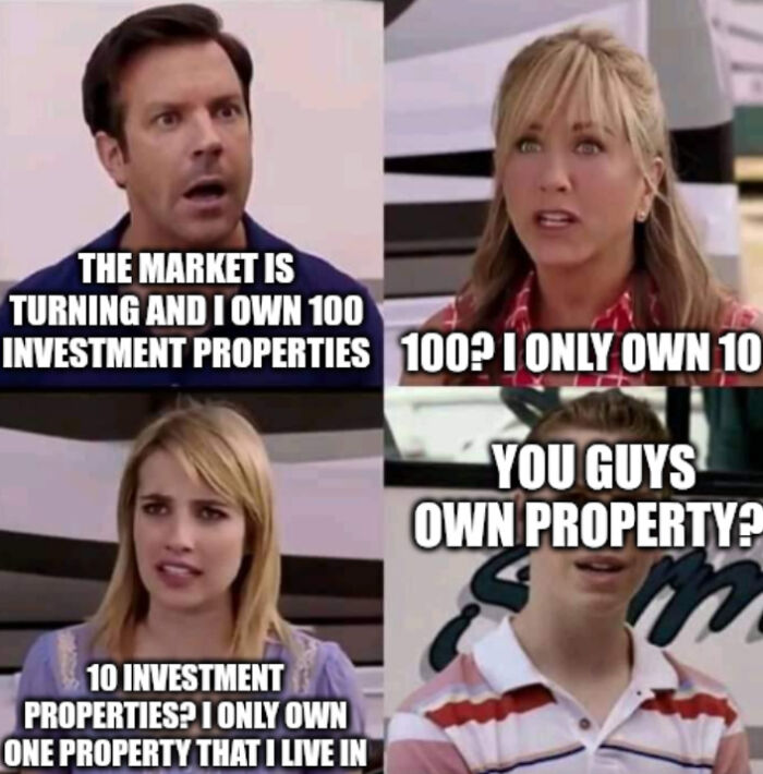 Meme displaying varying landlord perspectives on owning property and renting and booking