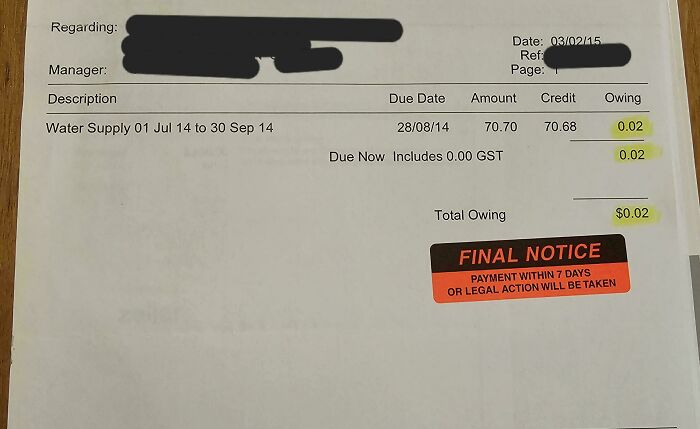 A final notice bill for two cents, highlighting absurd renting experiences and bureaucratic issues.
