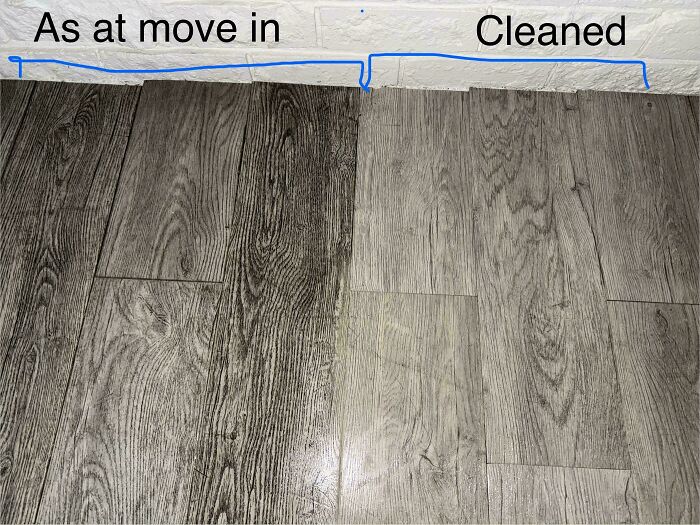 Comparison of dirty and cleaned grey laminate flooring in a renting property