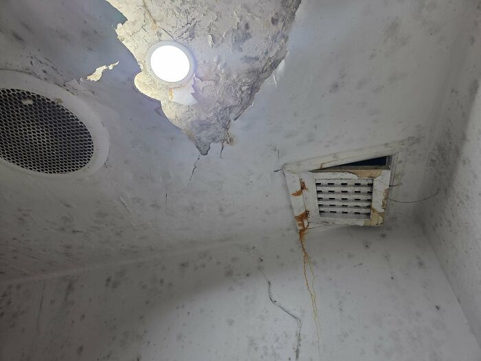 A moldy, peeling ceiling in a rental property showing worst booking experiences