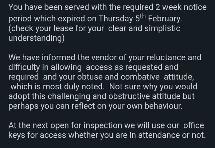 A demanding message about renting and booking notice periods and property access