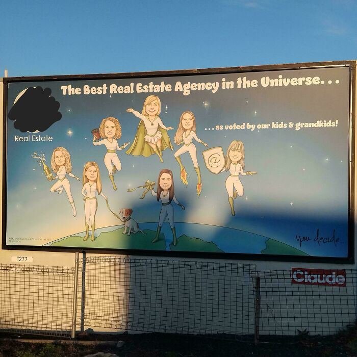 A real estate agency billboard featuring cartoon agents that could lead to booking experiences nightmares.
