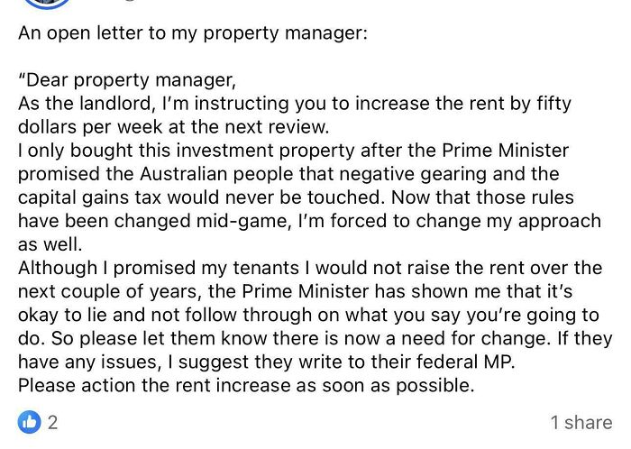 A social media post about renting and booking issues with an open letter to a property manager