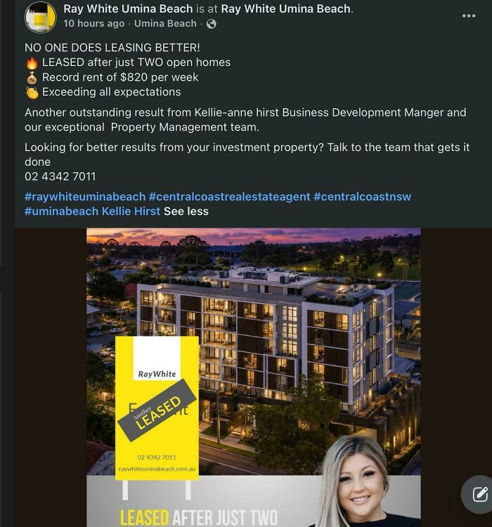 A real estate facebook post advertising a leased apartment, showcasing renting and booking marketing