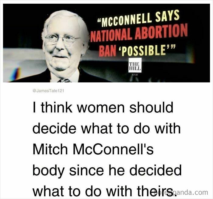 Image of Mitch McConnell with text on possible national abortion ban and women deciding about their bodies